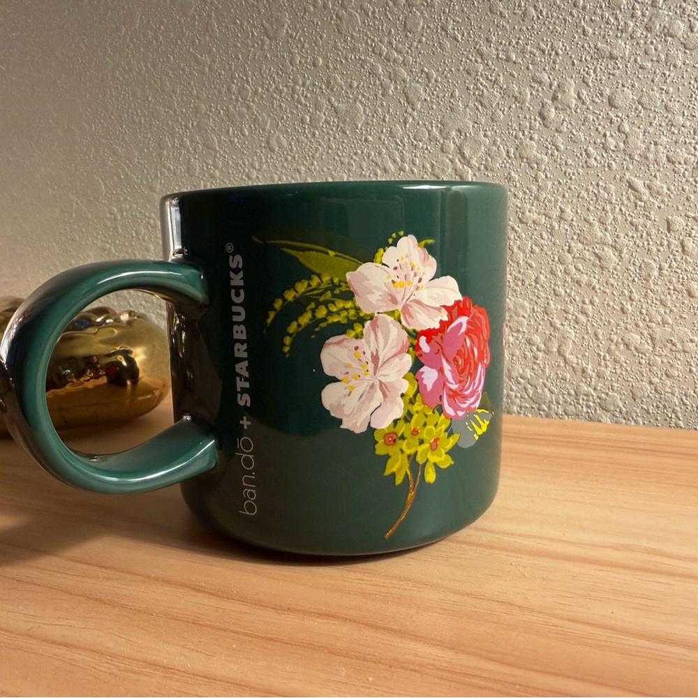 Starbucks Dark Green Mug with Floral Art